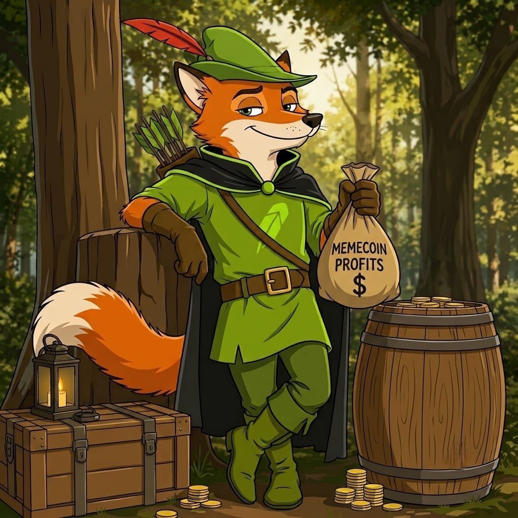 Robin Hood the Fox leaning against a tree with memecoin profits